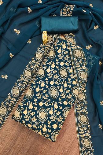 Manvaa women's teal blue unstitched embroidered georgette dressaterial 