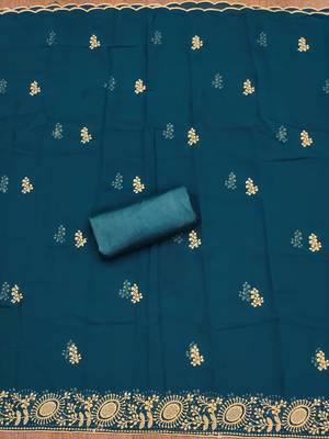 Manvaa women's teal blue embroidered georgette dressaterial 3