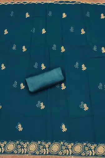 Manvaa women's teal blue embroidered georgette dressaterial
