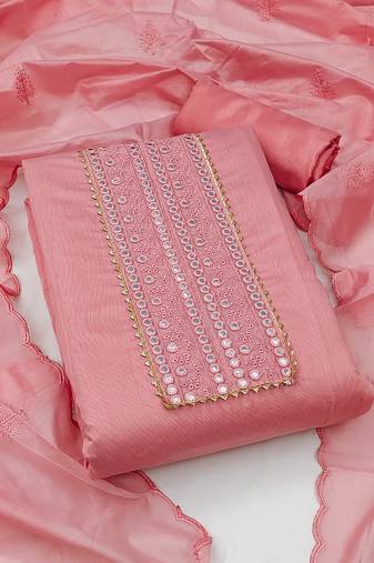 Manvaa women's pink unstitched embroideredodal cotton dressaterial 