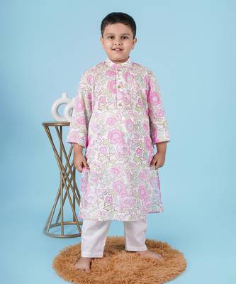 Pink cotton print floral kurta set 1