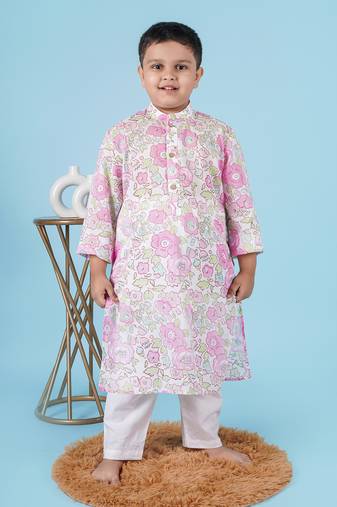 Pink cotton print floral kurta set