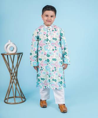 Blue cotton print floral kurta set 1