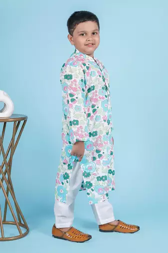 Blue cotton print floral kurta set