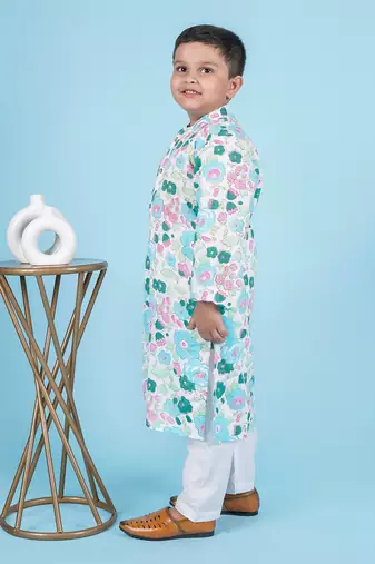 Blue cotton print floral kurta set