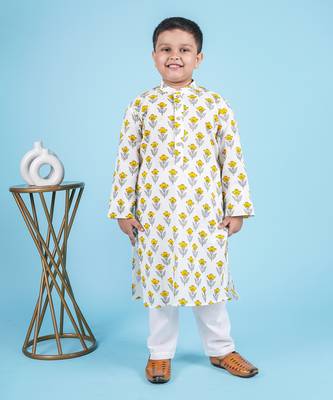 Yellow cotton print floral kurta set 1