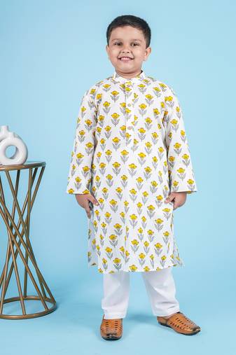Yellow cotton print floral kurta set