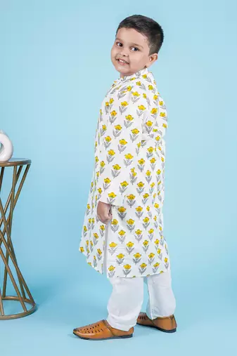 Yellow cotton print floral kurta set