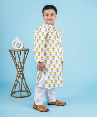 Yellow cotton print floral kurta set 3