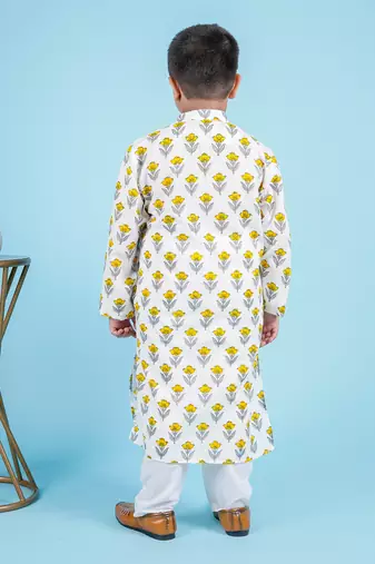Yellow cotton print floral kurta set