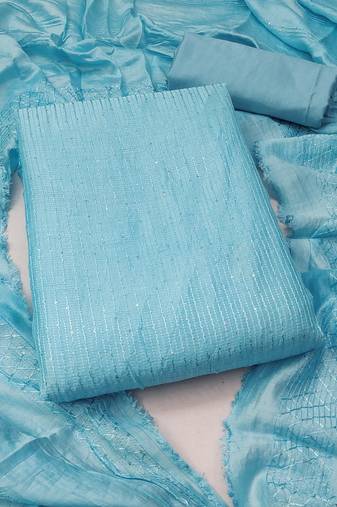 Manvaa women's sky blue unstitched sequence chanderi cotton dressaterial 
