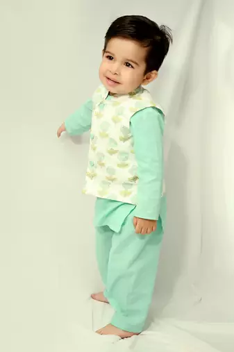 Ice blue cotton print botanic aria bundi kurta set