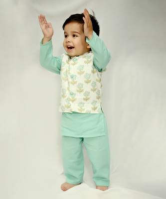 Ice blue cotton print botanic aria bundi kurta set 3