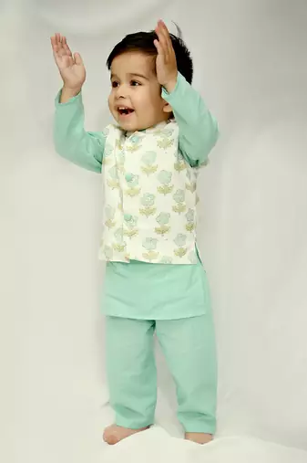 Ice blue cotton print botanic aria bundi kurta set