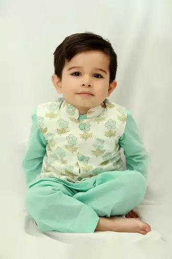 Ice blue cotton print botanic aria bundi kurta set