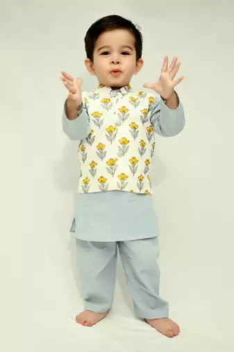 White cotton print floral bud eli bundi kurta set
