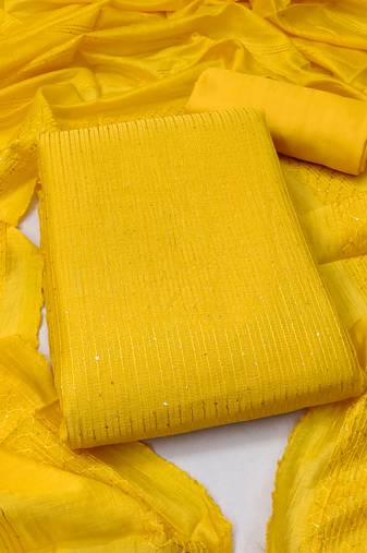 Manvaa women's yellow unstitched sequence chanderi cotton dressaterial 
