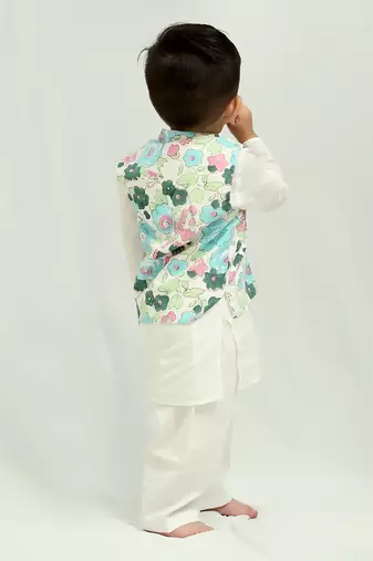 White cotton print blossom max bundi kurta set