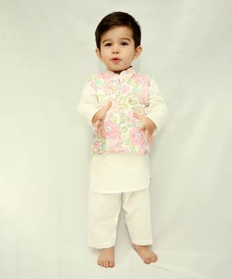 White cotton print floral blossom finn bundi kurta set 1