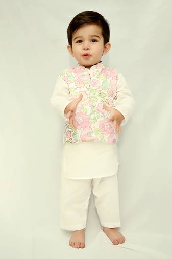 White cotton print floral blossom finn bundi kurta set