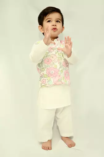 White cotton print floral blossom finn bundi kurta set
