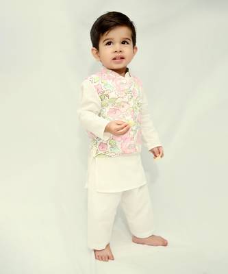 White cotton print floral blossom finn bundi kurta set 3