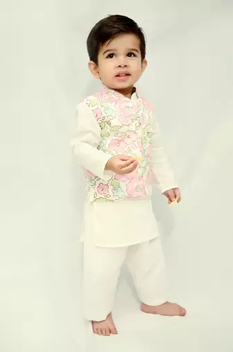 White cotton print floral blossom finn bundi kurta set