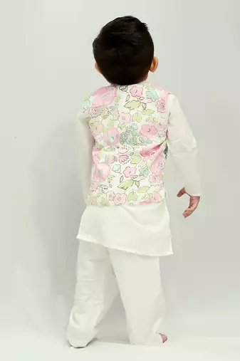 White cotton print floral blossom finn bundi kurta set