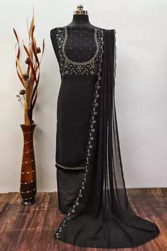Manvaa women's black sequence georgette dressaterial