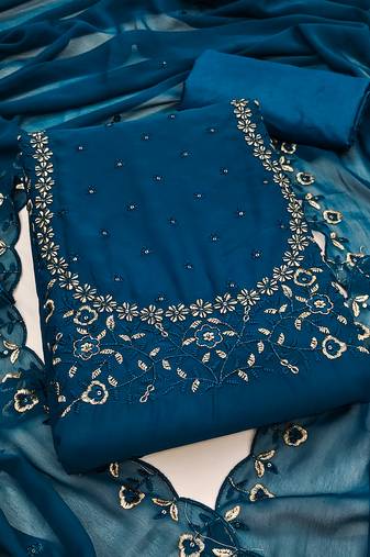 Manvaa women's blue unstitched sequence georgette dressaterial 