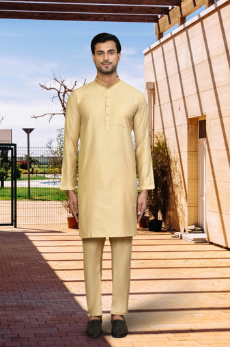 Yellow cotton silk solid kurta pyjamas for men's indian traditional ethnic wear