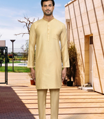 Yellow cotton silk solid kurta pyjamas for men's indian traditional ethnic wear