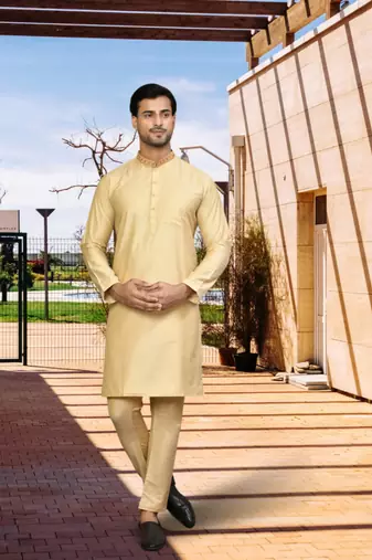 Yellow cotton silk solid kurta pyjamas for men's indian traditional ethnic wear