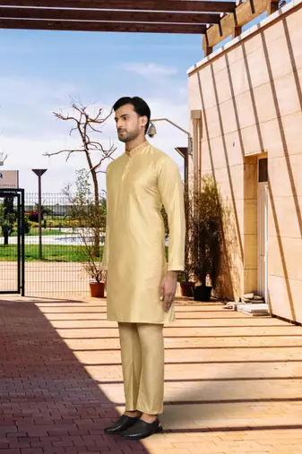 Yellow cotton silk solid kurta pyjamas for men's indian traditional ethnic wear