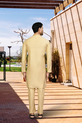 Yellow cotton silk solid kurta pyjamas for men's indian traditional ethnic wear 4