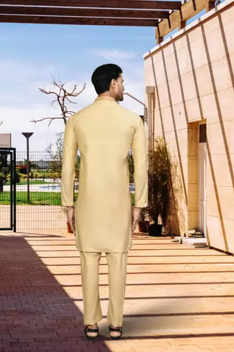 Yellow cotton silk solid kurta pyjamas for men's indian traditional ethnic wear