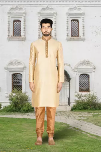 Fawn art silk solid kurta churidar for men's indian traditional ethnic wear
