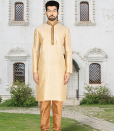 Fawn art silk solid kurta churidar for men's indian traditional ethnic wear