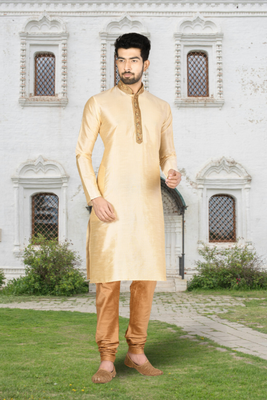 Fawn art silk solid kurta churidar for men's indian traditional ethnic wear 1