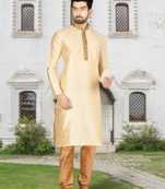 Fawn art silk solid kurta churidar for men's indian traditional ethnic wear