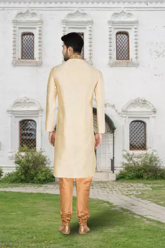 Fawn art silk solid kurta churidar for men's indian traditional ethnic wear