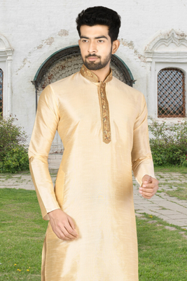 Fawn art silk solid kurta churidar for men's indian traditional ethnic wear 4