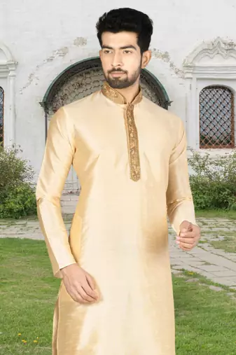 Fawn art silk solid kurta churidar for men's indian traditional ethnic wear
