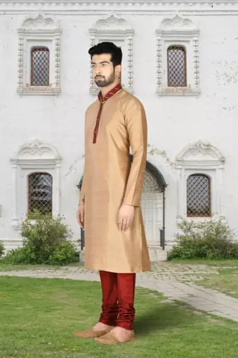 Chiku art silk solid kurta churidar for men's indian traditional ethnic wear