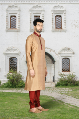 Chiku art silk solid kurta churidar for men's indian traditional ethnic wear 1