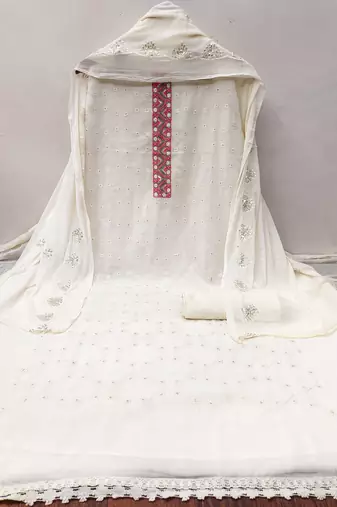 Manvaa women's white sequence georgette dressaterial