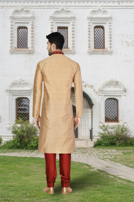 Chiku art silk solid kurta churidar for men's indian traditional ethnic wear 3