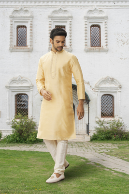 Lemon art silk embroidered kurta churidar for men's indian traditional ethnic wear 1