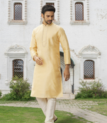 Lemon art silk embroidered kurta churidar for men's indian traditional ethnic wear