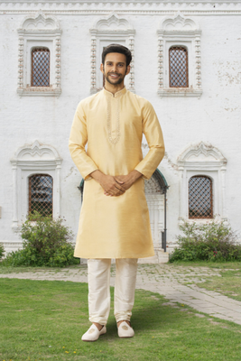 Lemon art silk embroidered kurta churidar for men's indian traditional ethnic wear 2